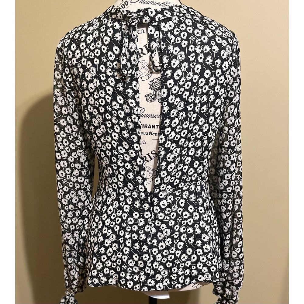 Topshop Women's Size 6 Black & White Floral Print Tie Sleeve Open Back Blouse - Picture 5 of 8